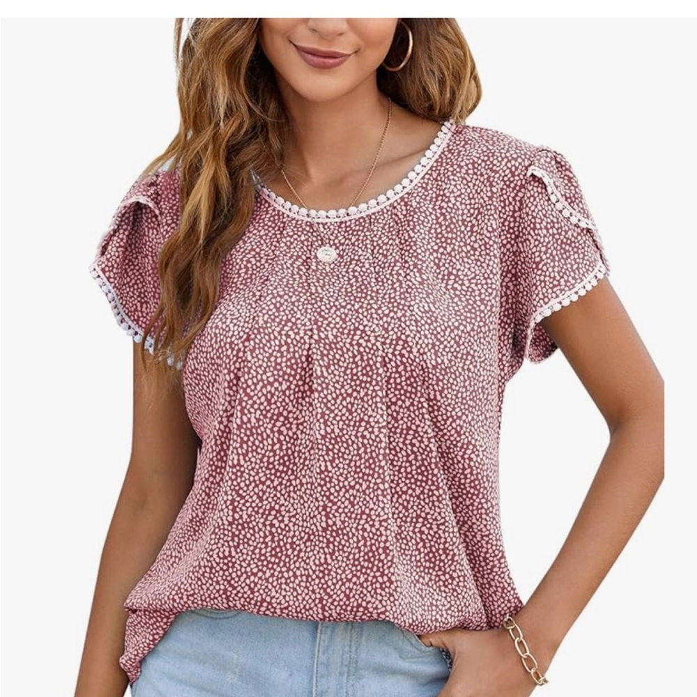 Size Medium Blooming Jelly Red & White Polka Dot Top with Crochet Trim